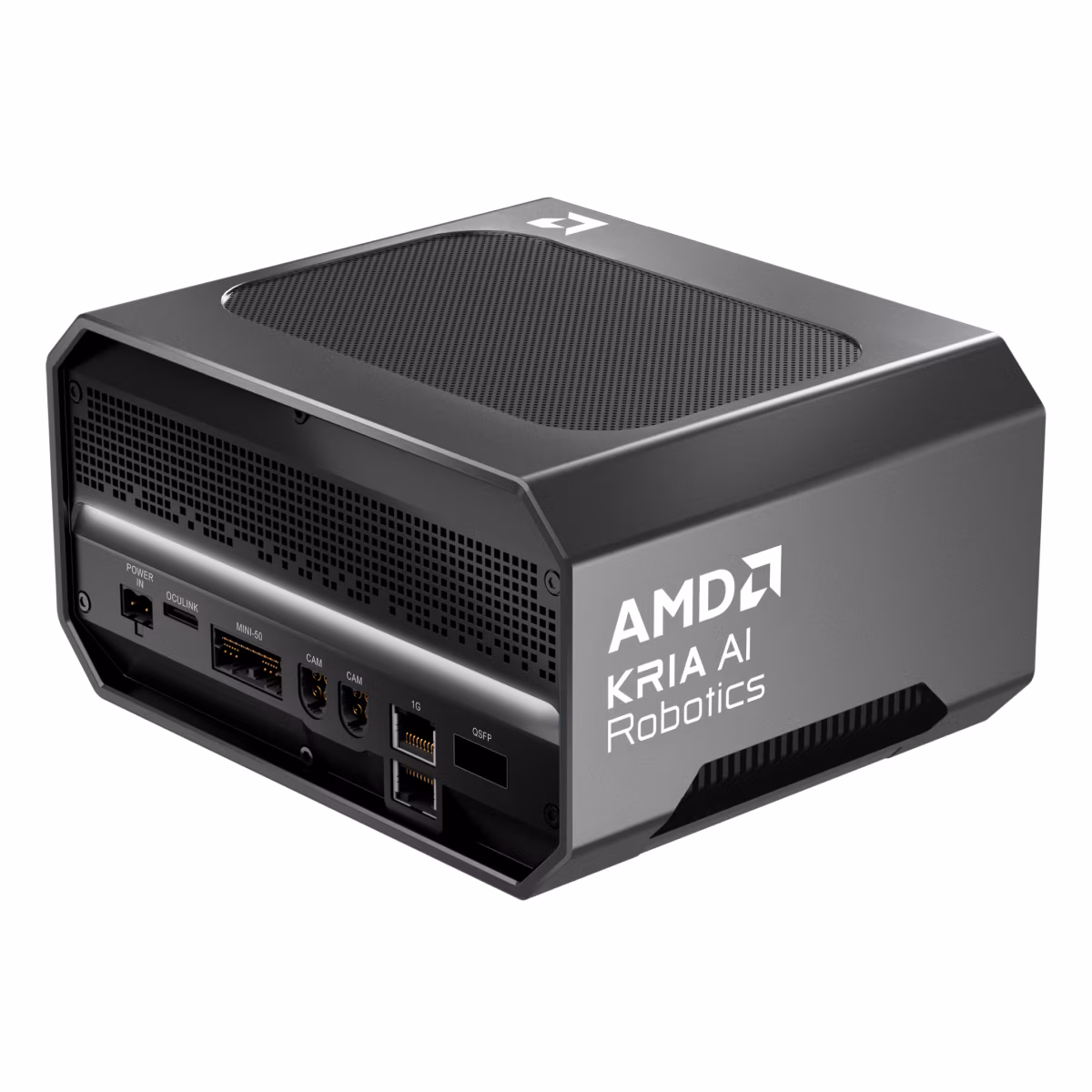 AMD Kria AI Robotics developer platform product render, showing the rear I/O panel labeled Power In, OCuLink, Mini-50, two CAM ports, dual 1G Ethernet, and QSFP, with 'AMD KRIA AI Robotics' printed on the side of the enclosure.