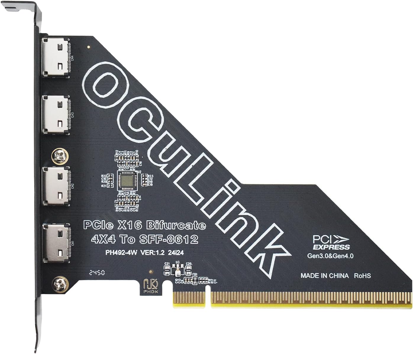 A PCIe x16 to 4x OCuLink (SFF-8612) bifurcation card, labeled 'PCIe X16 Bifurcate 4X4 To SFF-8612,' supporting PCI Express Gen3 and Gen4.
