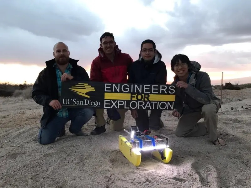 Engineers for Exploration team with the tunnel-imaging robot used in Mojave Desert field exploration
