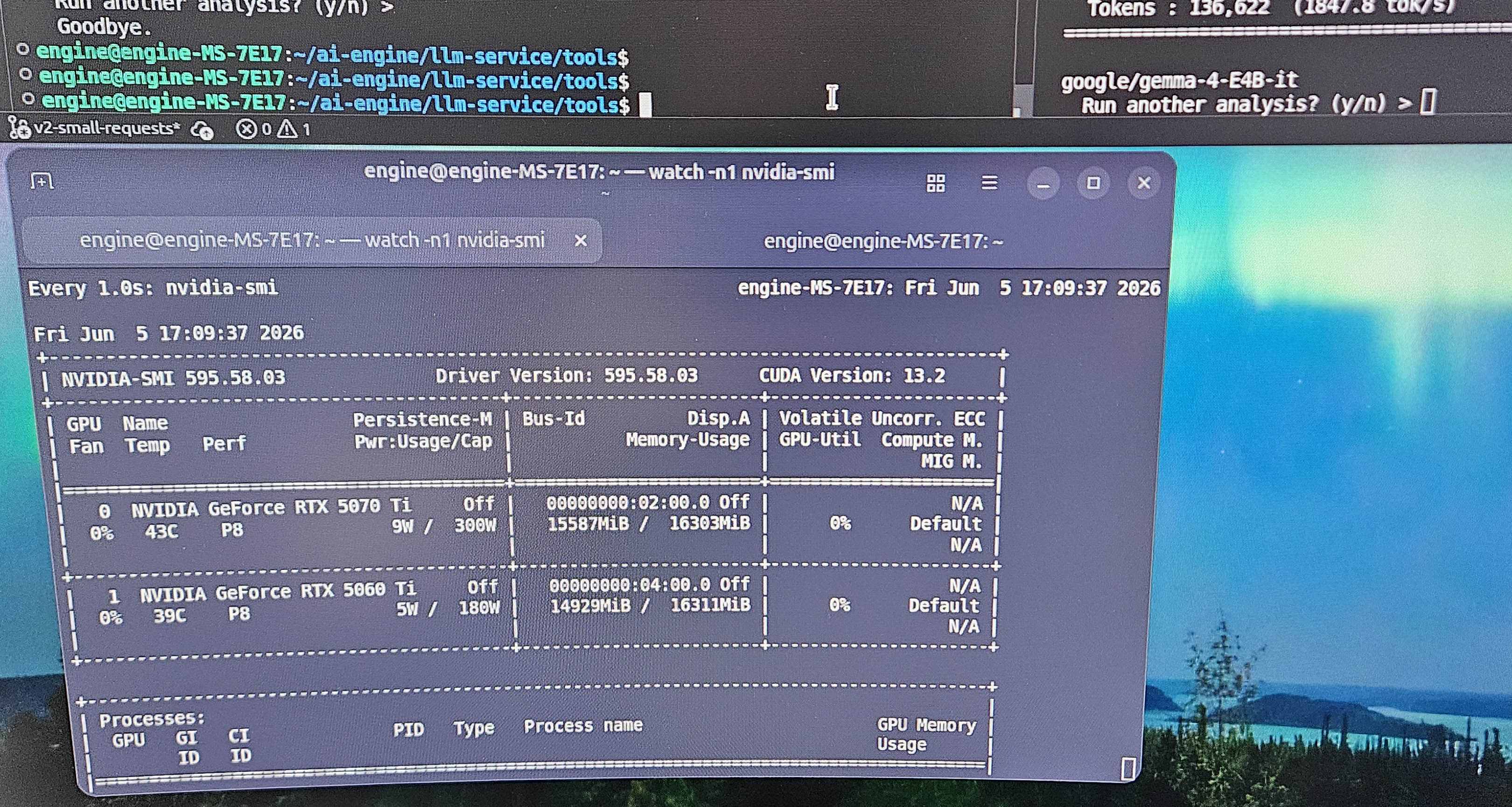 watch -n1 nvidia-smi, kept running continuously through the test, showing two GPUs in the same machine: GPU 0, an NVIDIA GeForce RTX 5070 Ti at 43°C with 15,587 of 16,303 MiB used, and GPU 1, an NVIDIA GeForce RTX 5060 Ti at 39°C with 14,929 of 16,311 MiB used, both idle (0% utilization, P8) at this particular 1-second refresh.
