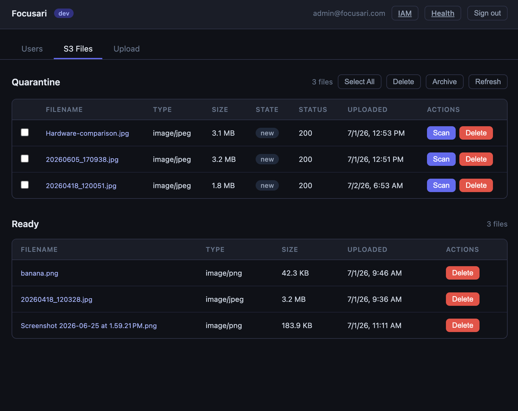 UserBaseAPI's dev dashboard, S3 Files tab: a Quarantine table of 3 newly-uploaded files awaiting a scan (with per-file Scan/Delete actions) above a Ready table of 3 files already approved and available.